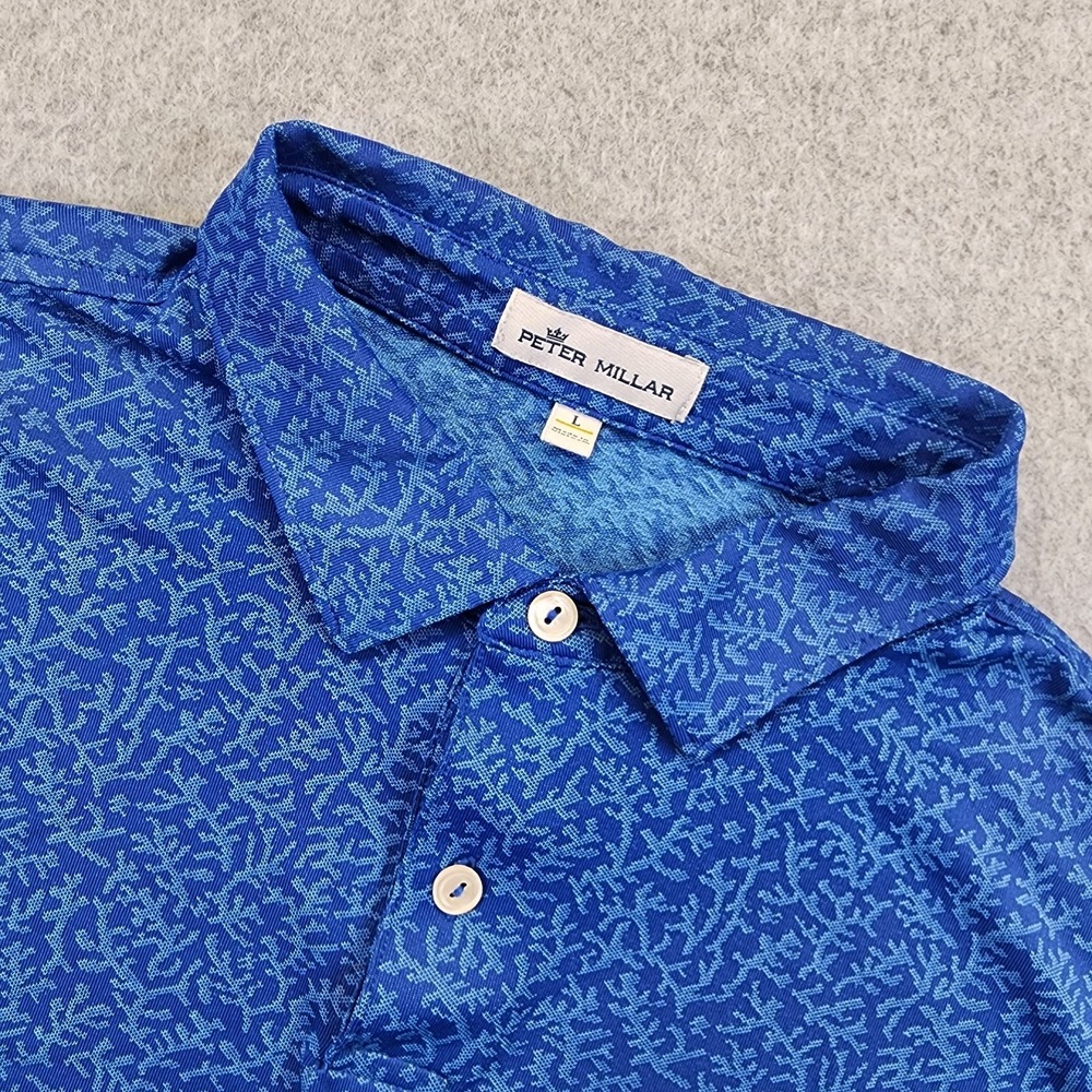 Peter Millar Performance Golf Polo Shirt Men L Blue All Over Print AOP Geometric